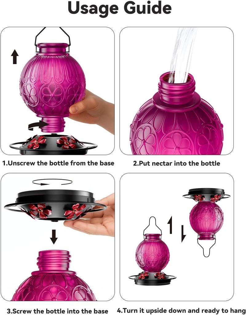 solawngarden 26Oz Hummingbird Feeder for Outdoors, Vintage Glass Bird Feeder with Perch, Durable & Easy to Clean, Hanging Nectar Feeder for Garden, Yard, Deck – Gift for Bird Lovers (Violet) - Image 4